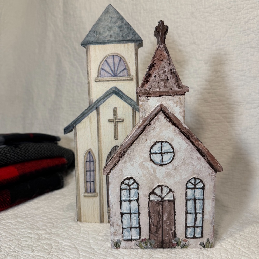 SOLD OUT‼️ Wooden Church Decor Set • Farmhouse Christmas Chapel Pair • Hand-Pain - Picture 6 of 6